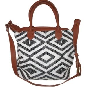 Rachel Zoe x Tribe Alive Woven Fabric Black White and Leather Cross Body Bag